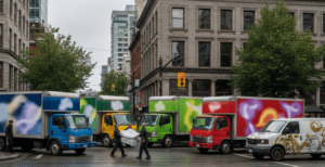 A lineup of four colorful moving trucks (blue, yellow, green, and red) parked on a city street, with movers carrying a large wrapped item across the road.