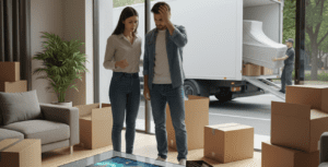 A man and woman stand in a room filled with cardboard boxes, looking stressed as they view a digital screen on a coffee table while a mover loads a white truck in the background.