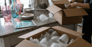 A person packs dishes into cardboard boxes on a granite kitchen counter next to a tablet displaying a glowing teal digital swirl.