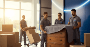 Three movers in grey uniforms wrap a wooden dresser in a protective blanket while a fourth mover wheels a hand truck of boxes through a sunlit room.